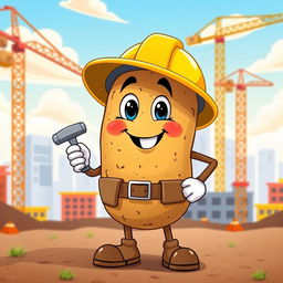 A whimsical potato character dressed as a construction worker, complete with a hard hat and toolbelt, standing confidently on a construction site