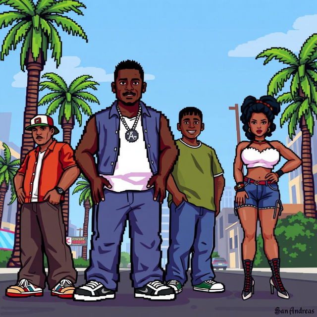 A colorful and vibrant pixel art depiction featuring all the popular characters from the Grand Theft Auto: San Andreas game