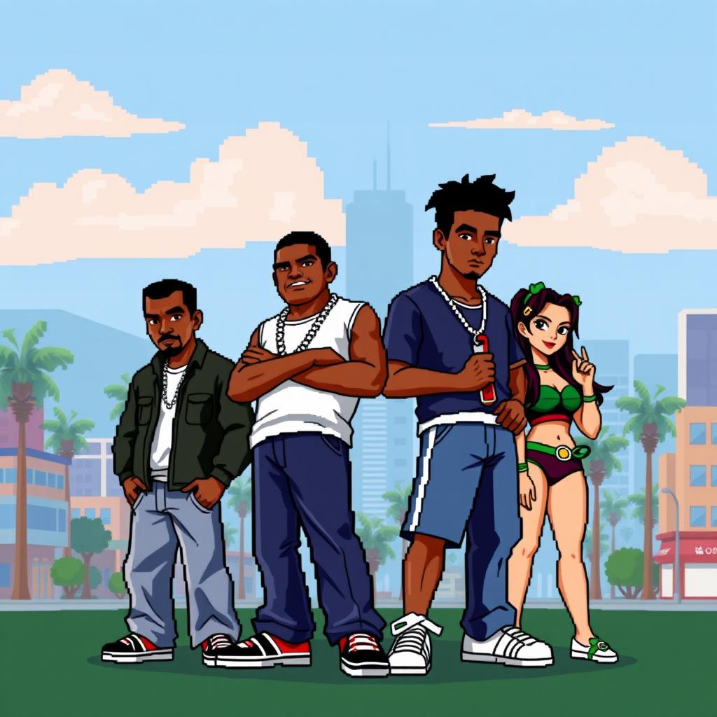 A colorful and vibrant pixel art depiction featuring all the popular characters from the Grand Theft Auto: San Andreas game