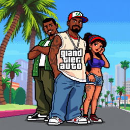 A colorful and vibrant pixel art depiction featuring all the popular characters from the Grand Theft Auto: San Andreas game