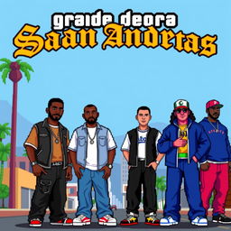 A colorful and vibrant pixel art depiction featuring all the popular characters from the Grand Theft Auto: San Andreas game