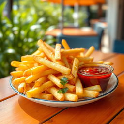 A delicious and tempting plate of golden brown French fries, perfectly crisp and hot, sprinkled with sea salt