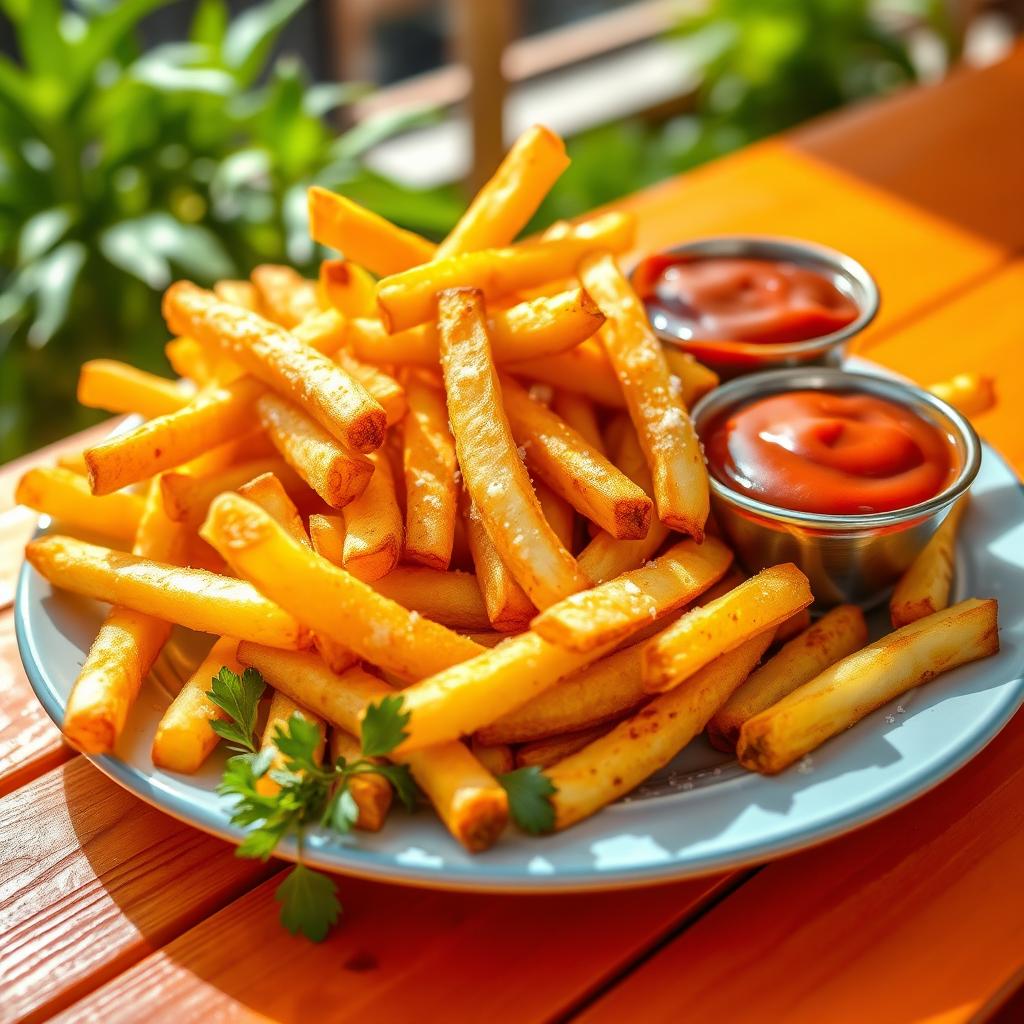 A delicious and tempting plate of golden brown French fries, perfectly crisp and hot, sprinkled with sea salt