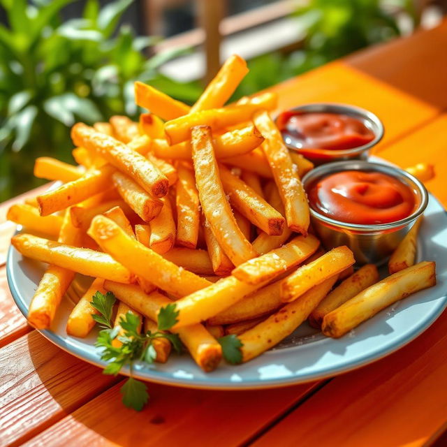 A delicious and tempting plate of golden brown French fries, perfectly crisp and hot, sprinkled with sea salt