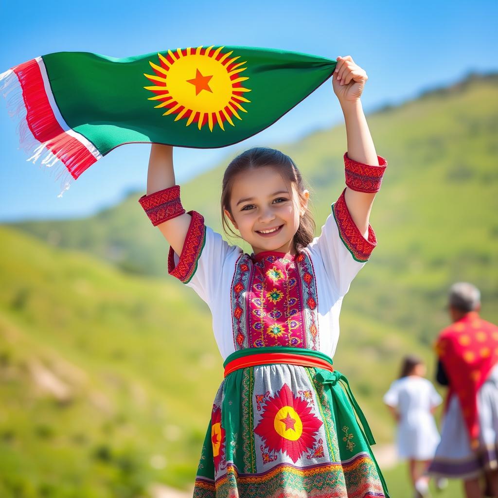 A girl proudly wearing a colorful traditional Kurdish dress, standing in a scenic outdoor setting