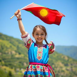 A girl proudly wearing a colorful traditional Kurdish dress, standing in a scenic outdoor setting