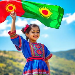 A girl proudly wearing a colorful traditional Kurdish dress, standing in a scenic outdoor setting