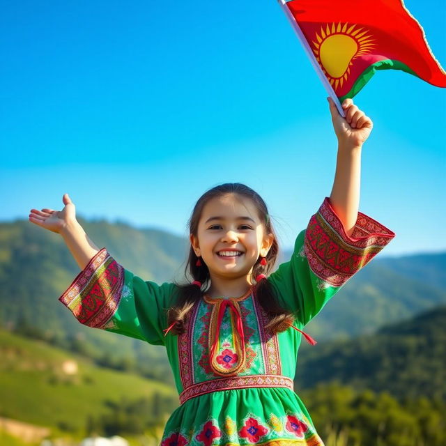 A girl proudly wearing a colorful traditional Kurdish dress, standing in a scenic outdoor setting