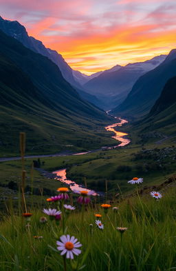 A serene landscape featuring a lush green valley illuminated by the warm glow of a sunset