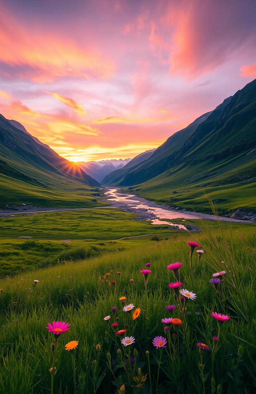 A serene landscape featuring a lush green valley illuminated by the warm glow of a sunset