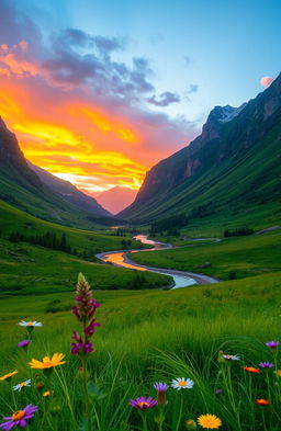 A serene landscape featuring a lush green valley illuminated by the warm glow of a sunset