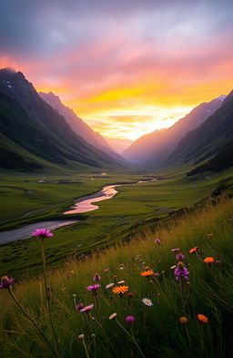 A serene landscape featuring a lush green valley illuminated by the warm glow of a sunset