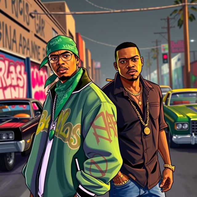 A dynamic scene featuring Ryder and Smoke from Grand Theft Auto: San Andreas, both dressed in vibrant 'Ballas' gang attire, set in a gritty urban environment