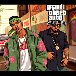 A dynamic scene featuring Ryder and Smoke from Grand Theft Auto: San Andreas, both dressed in vibrant 'Ballas' gang attire, set in a gritty urban environment