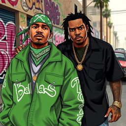 A dynamic scene featuring Ryder and Smoke from Grand Theft Auto: San Andreas, both dressed in vibrant 'Ballas' gang attire, set in a gritty urban environment