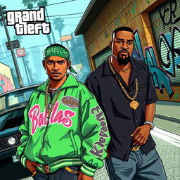 A dynamic scene featuring Ryder and Smoke from Grand Theft Auto: San Andreas, both dressed in vibrant 'Ballas' gang attire, set in a gritty urban environment