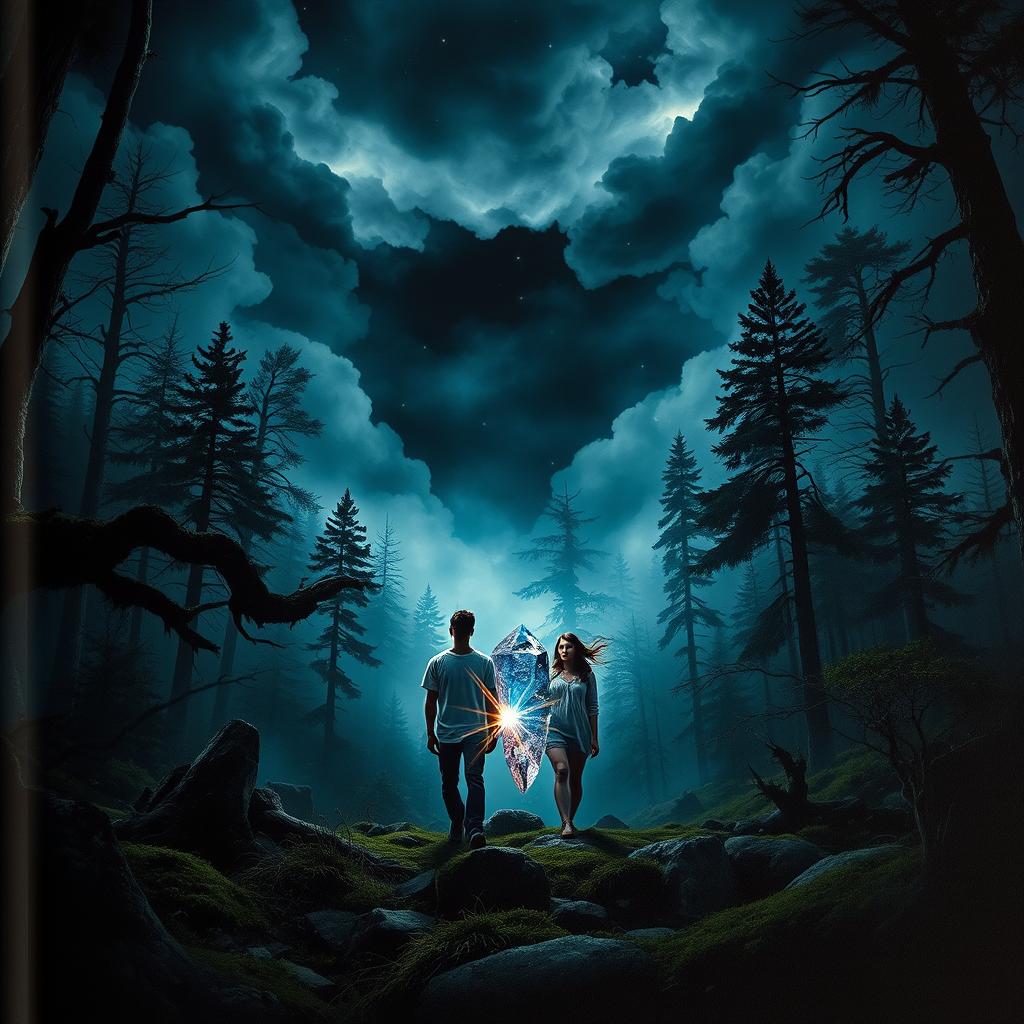 A captivating book cover depicting a couple, a man and a woman, embarking on an adventurous journey in a mystical forest