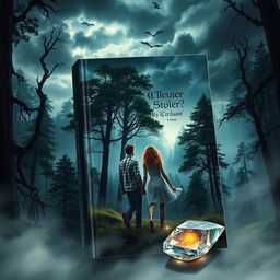 A captivating book cover depicting a couple, a man and a woman, embarking on an adventurous journey in a mystical forest