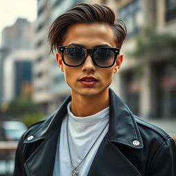 A stylish person wearing sleek black glasses, with a confident expression, set against an urban backdrop