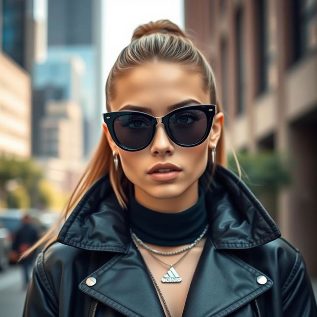 A stylish person wearing sleek black glasses, with a confident expression, set against an urban backdrop