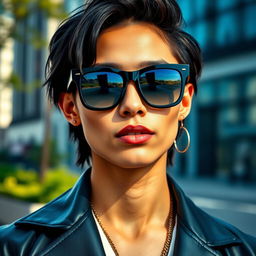 A stylish person wearing sleek black glasses, with a confident expression, set against an urban backdrop