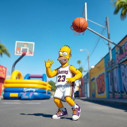 Homer Simpson dressed in a Lebron James jersey, playing basketball on a vibrant city street