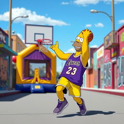 Homer Simpson dressed in a Lebron James jersey, playing basketball on a vibrant city street
