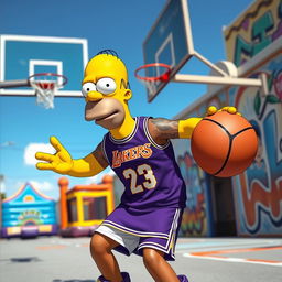 Homer Simpson dressed in a Lebron James jersey, playing basketball on a vibrant city street