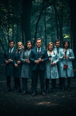 A dramatic scene featuring a group of seven medical professionals standing in a line, exuding a serious aura, surrounded by a dense and dark forest