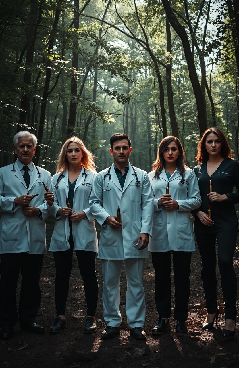 A dramatic scene featuring a group of seven medical professionals standing in a line, exuding a serious aura, surrounded by a dense and dark forest
