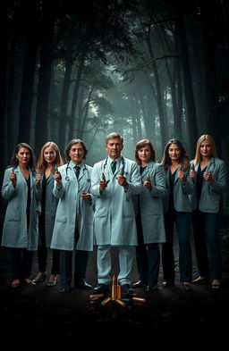 A dramatic scene featuring a group of seven medical professionals standing in a line, exuding a serious aura, surrounded by a dense and dark forest