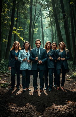A dramatic scene featuring a group of seven medical professionals standing in a line, exuding a serious aura, surrounded by a dense and dark forest