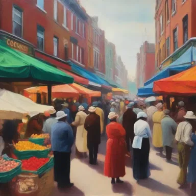The artist's painting depicted a bustling cockney market scene, capturing the vibrant atmosphere and distinctive accents of the neighborhood.