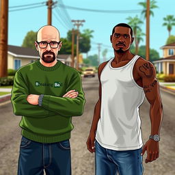 Walter White from Breaking Bad standing confidently next to Carl Johnson from GTA: San Andreas on Grove Street