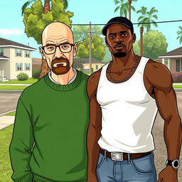 Walter White from Breaking Bad standing confidently next to Carl Johnson from GTA: San Andreas on Grove Street