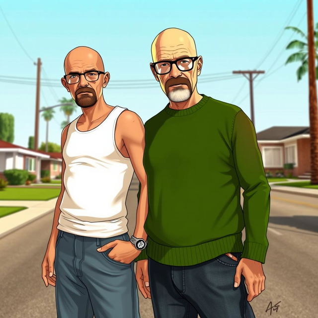 Walter White from Breaking Bad standing confidently next to Carl Johnson from GTA: San Andreas on Grove Street