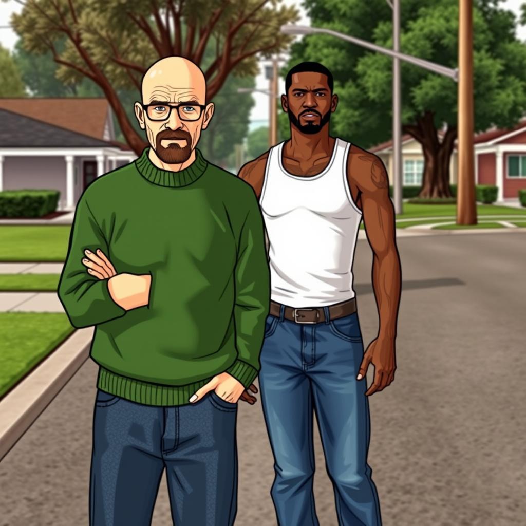 Walter White from Breaking Bad standing confidently next to Carl Johnson from GTA: San Andreas on Grove Street