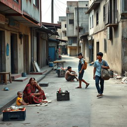 A poignant street scene depicting the stark realities of a poor economy in a developing area