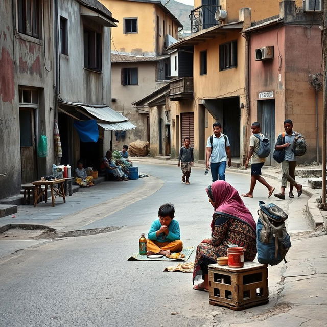 A poignant street scene depicting the stark realities of a poor economy in a developing area