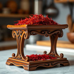 A beautifully crafted saffron stand made of polished wood, showcasing intricate carvings and a smooth, rich finish