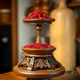 A beautifully crafted saffron stand made of polished wood, showcasing intricate carvings and a smooth, rich finish