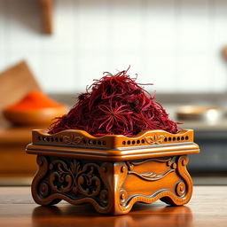 A beautifully crafted saffron stand made of polished wood, showcasing intricate carvings and a smooth, rich finish