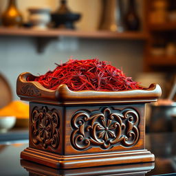 A beautifully crafted saffron stand made of polished wood, showcasing intricate carvings and a smooth, rich finish