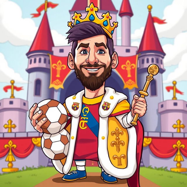 A vibrant and humorous cartoon-style illustration featuring Lionel Messi in a royal outfit, complete with a crown and ornate royal robes adorned with football motifs