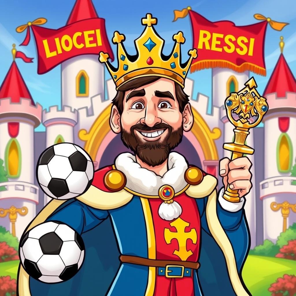 A vibrant and humorous cartoon-style illustration featuring Lionel Messi in a royal outfit, complete with a crown and ornate royal robes adorned with football motifs