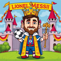 A vibrant and humorous cartoon-style illustration featuring Lionel Messi in a royal outfit, complete with a crown and ornate royal robes adorned with football motifs