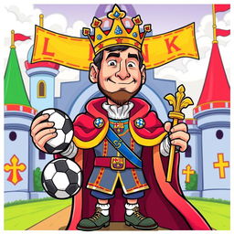 A vibrant and humorous cartoon-style illustration featuring Lionel Messi in a royal outfit, complete with a crown and ornate royal robes adorned with football motifs