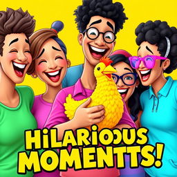 A vibrant and eye-catching thumbnail for a comedy video, featuring a group of diverse friends laughing together