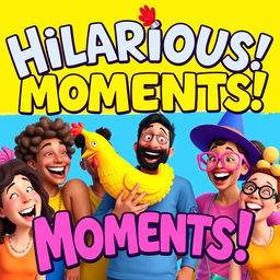 A vibrant and eye-catching thumbnail for a comedy video, featuring a group of diverse friends laughing together