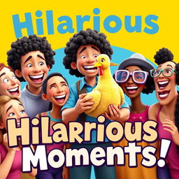 A vibrant and eye-catching thumbnail for a comedy video, featuring a group of diverse friends laughing together